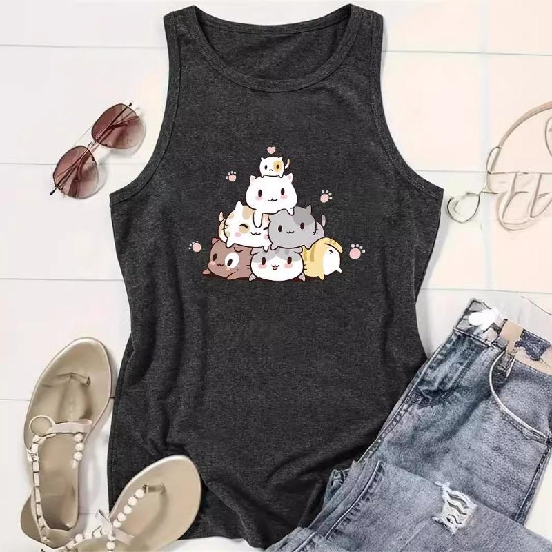 Cartoon-bedrucktes Rundhals-Damen-Tanktop Frühling und Sommer Lässiges ärmelloses Oberteil