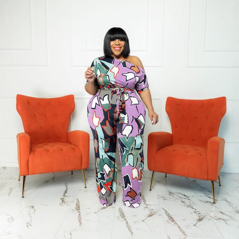 MY902 Plus Size Womens Off-Shoulder Printed Jumpsuit With Belt 2025 Knit Romper In Orange Beige Lavender Yellow Blue 1XL5XL