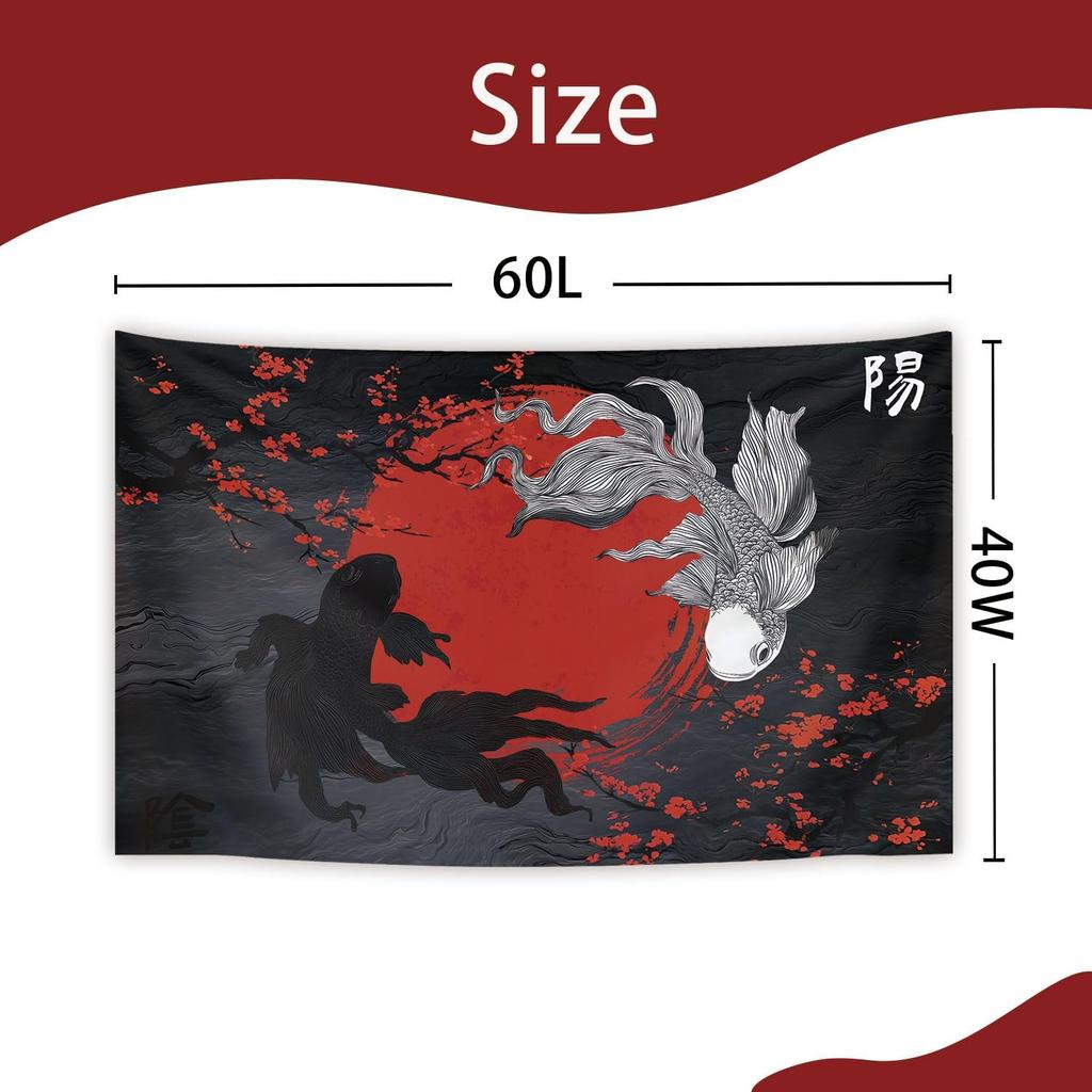 Raoycla Japanese Anime Tapestry, Red and Black Yin Yang Koi Fish Tapestries, Cherry Blossom Cool Asian Mens Masculine Art Tapestry Hanging for