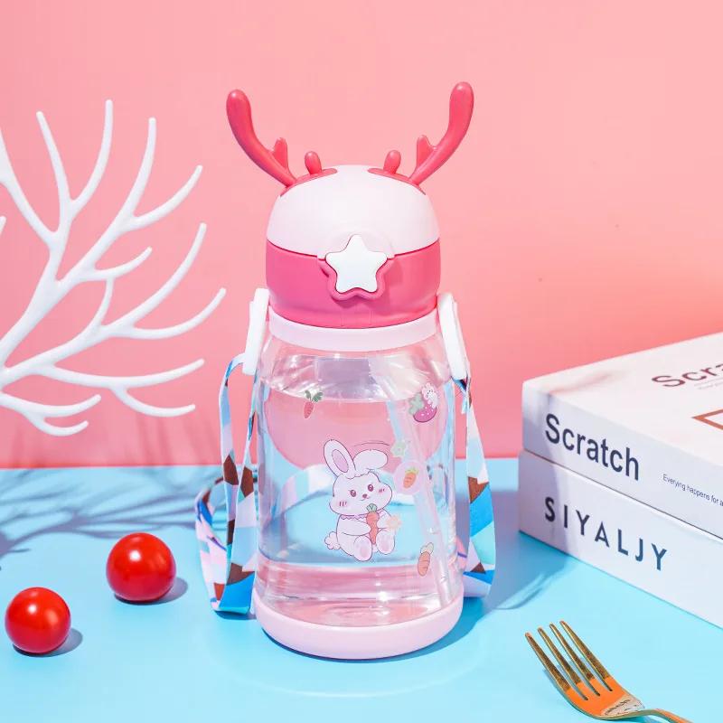 

600ml/20oz Children s Straw Cup Deer Antler Creative Leak-proof Water Bottle with Straw Suitable for Campus Boys/Girls BPA Free розовый