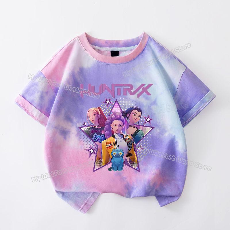 Haijian03 KPop Demon Hunters Tie-dye T-shirt voor Meisje Tops met Korte Mouwen Rumi Mira Zoey Print T-shirts Leuke Zomer Kinderkleding 130