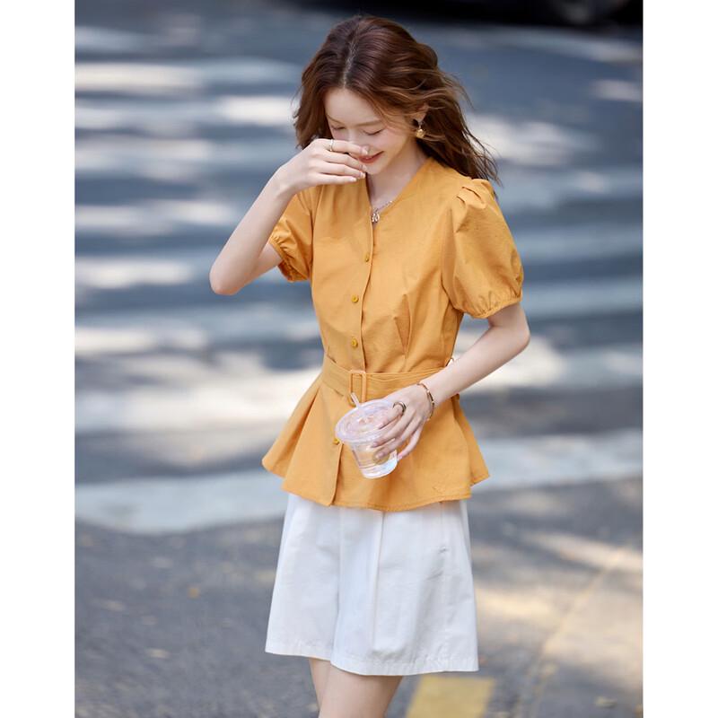 Women's French Style V-Neck Petal Hem Blouse