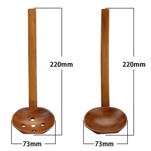 YFWOOD Wooden Spoons and Ladles, Set of 4 (2 Ladles + Slotted Ladle), 22cm Long Handle, Lightweight, Lacquered, for Ramen, Shabu-Shabu, and Hot Pot Co