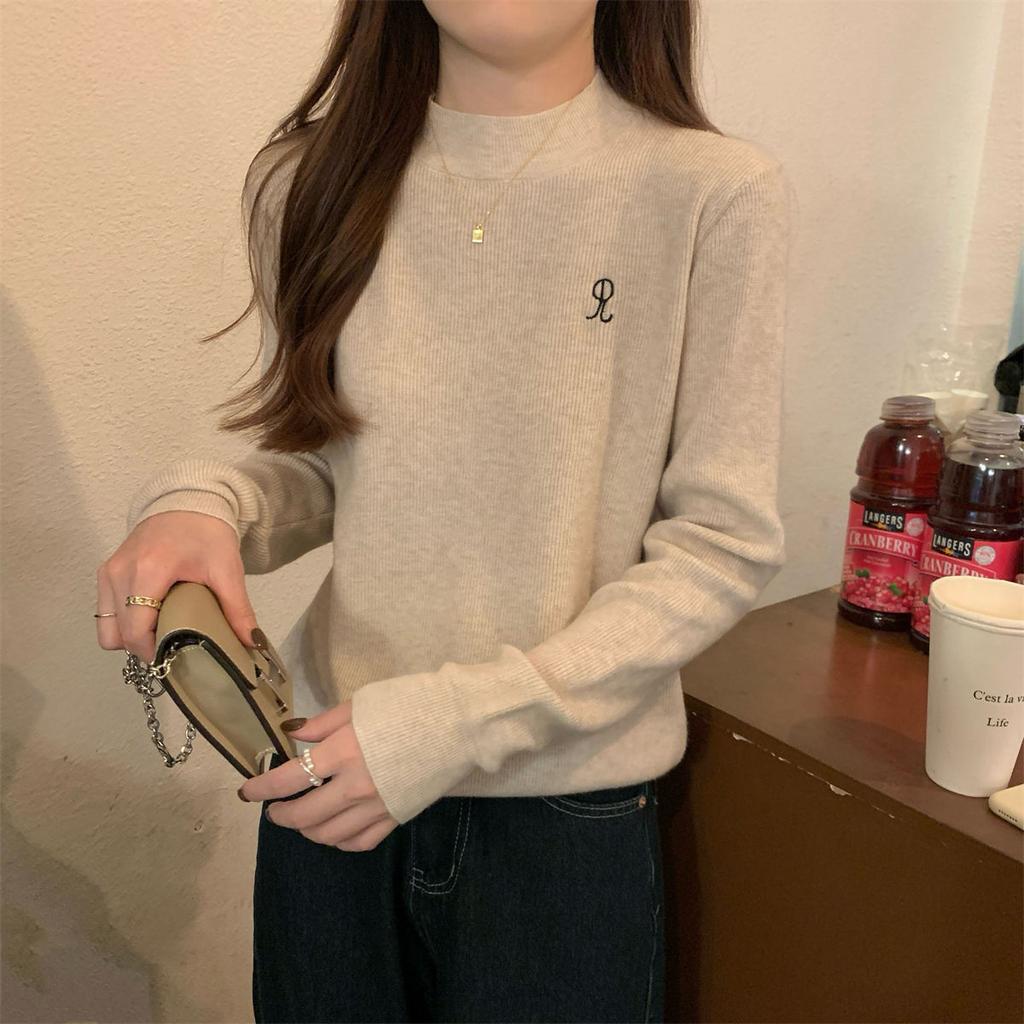 Autumn and Winter New Embroidery Versatile Semi-high Collar Soft Waxy Inner Andy Velvet Knitwear Base Sweater Girl