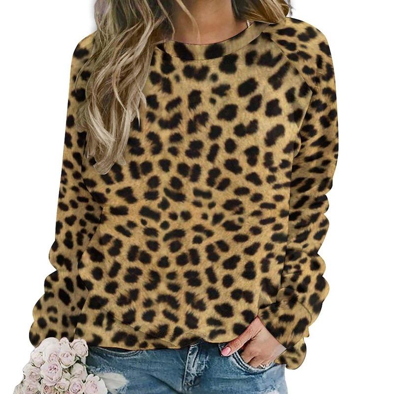 Moda Leopardo Camisetas Femininas Outono Manga Longa Camiseta Tops Gola O Regular Casual Solto Gola O Roupas Femininas Pulôver