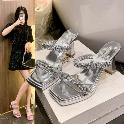 Silver Square Head Slippers with Rhinestone High-heeled Cool Slippers for Women In Summer, Open-toed Thick-heeled Versatile Half-slippers