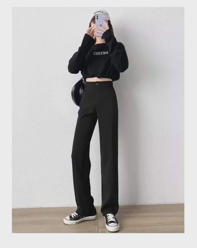 Women's Black Wide-Leg Suit Pants, 2024 Spring Design, High-Waist, Loose Drape, Floor-Length Casual Trousers