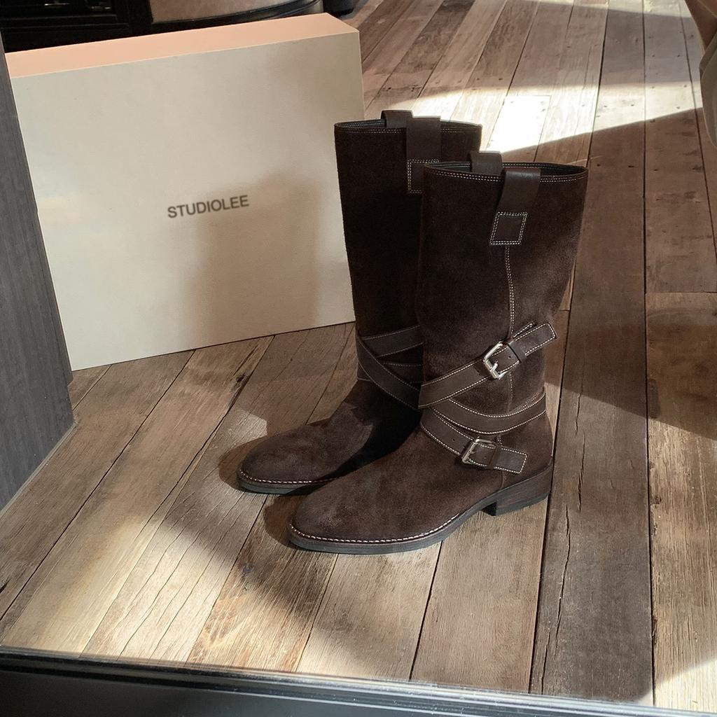 Cowhide~ grape ma same height increase 4cm round head thin boots belt buckle Kusa medium motorcycle boots knight boots