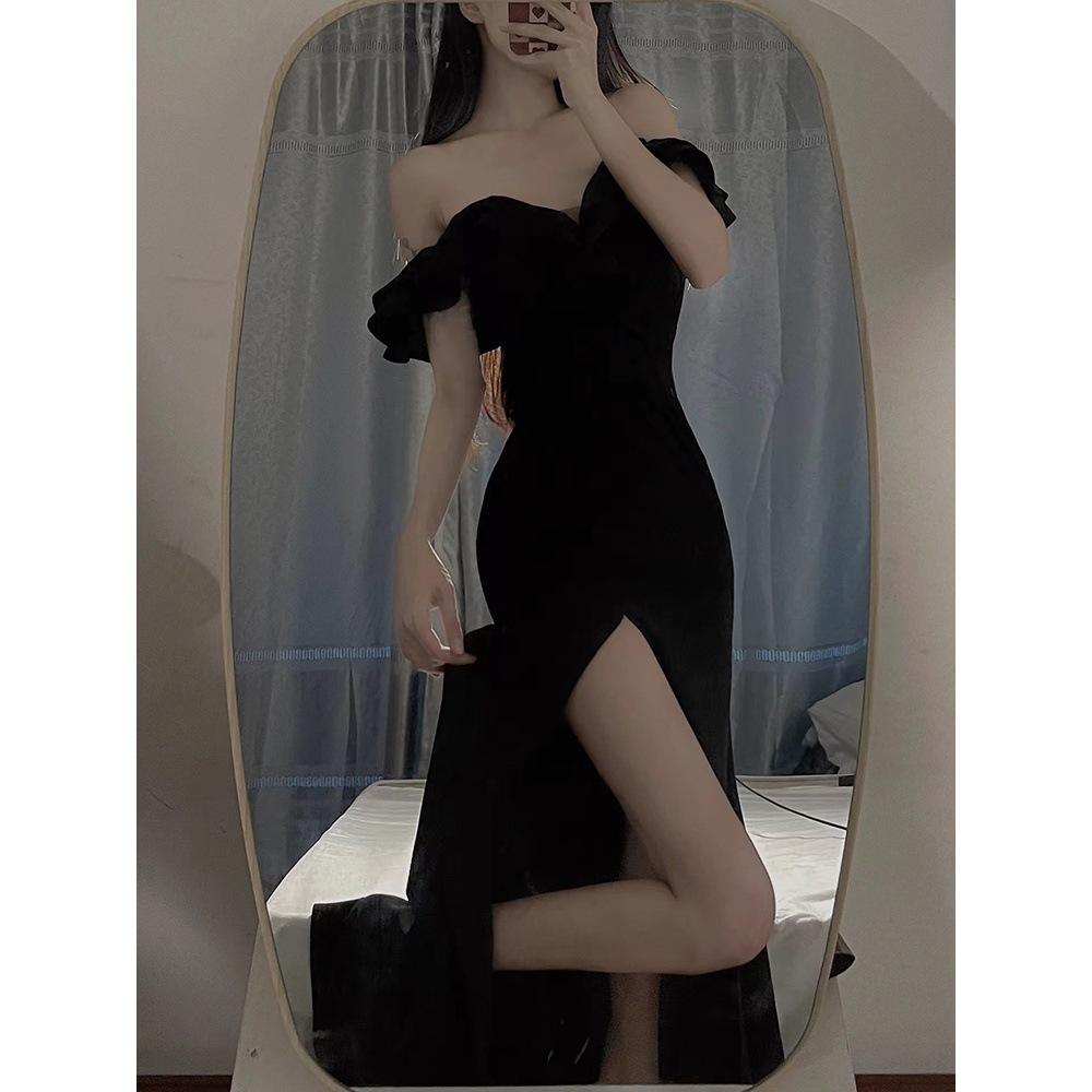 

Вечернее платье для бар-мицвы, платье высокого класса, нишевое, с темпераментом, знаменитость, с оборками, листовым краем, с разрезом на плече XL- (recommended 110-60kg) чёрный