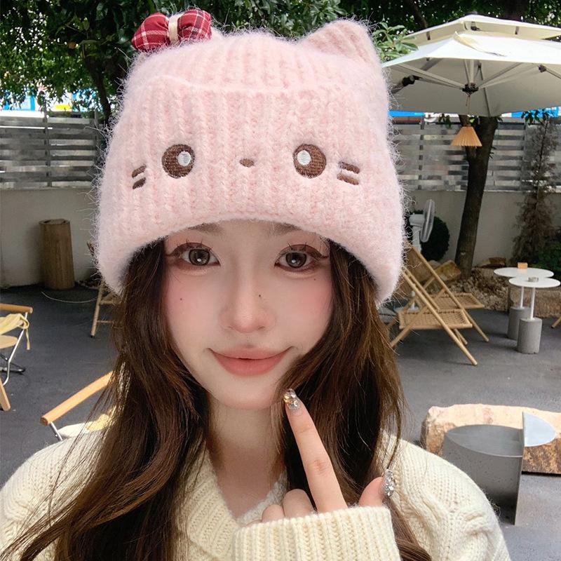 Internet Celebrity Cute Cat Knitted Wool Hat Women's Autumn and Winter Warm Ear Protection Pullover Hat Outdoor Versatile Cold Hat