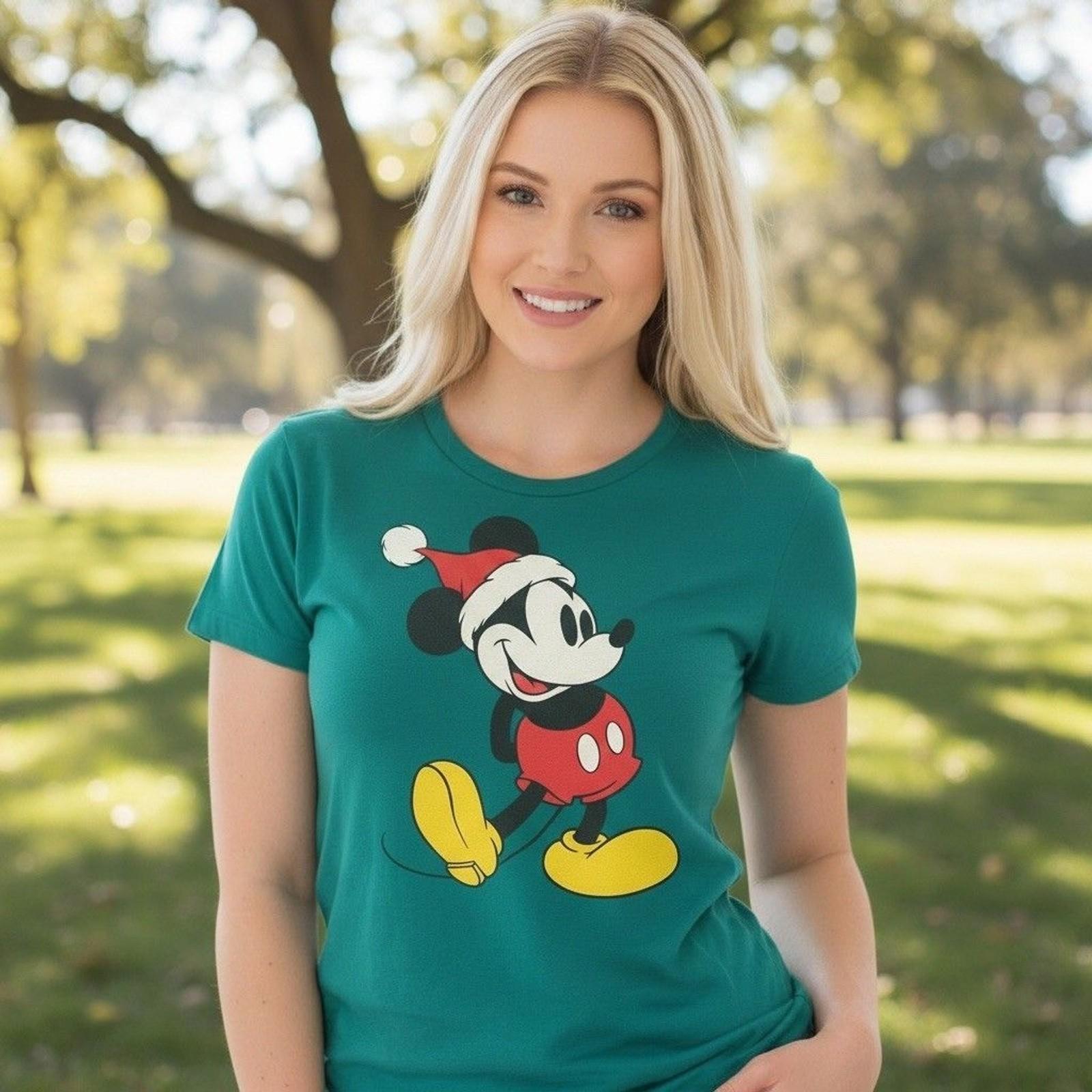 Disney Mickey Mouse Santa Hat Christmas Graphic T-Shirt Green Unisex M M