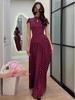 2026 Polka Dot Short Sleeve High Neck Slim Fit Elegant Long Dress for Women