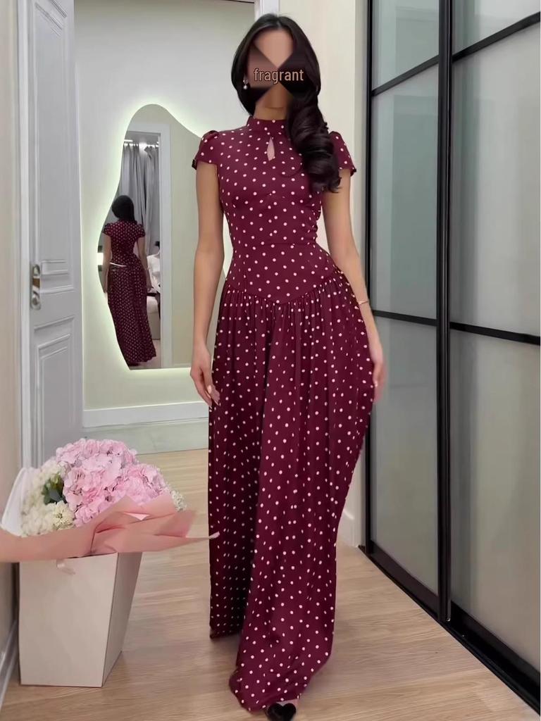 2026 Polka Dot Short Sleeve High Neck Slim Fit Elegant Long Dress for Women
