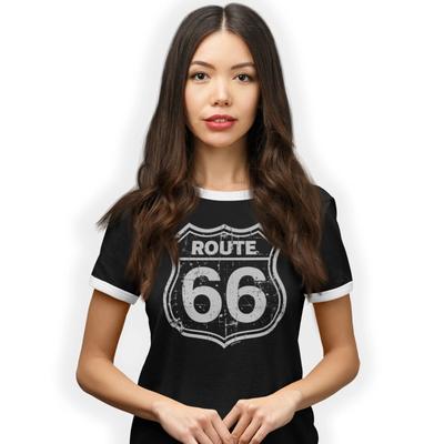 Route 66 Straßenschild Retro-Stil Bedrucktes Ringer T-Shirt Geburtstagsgeschenk