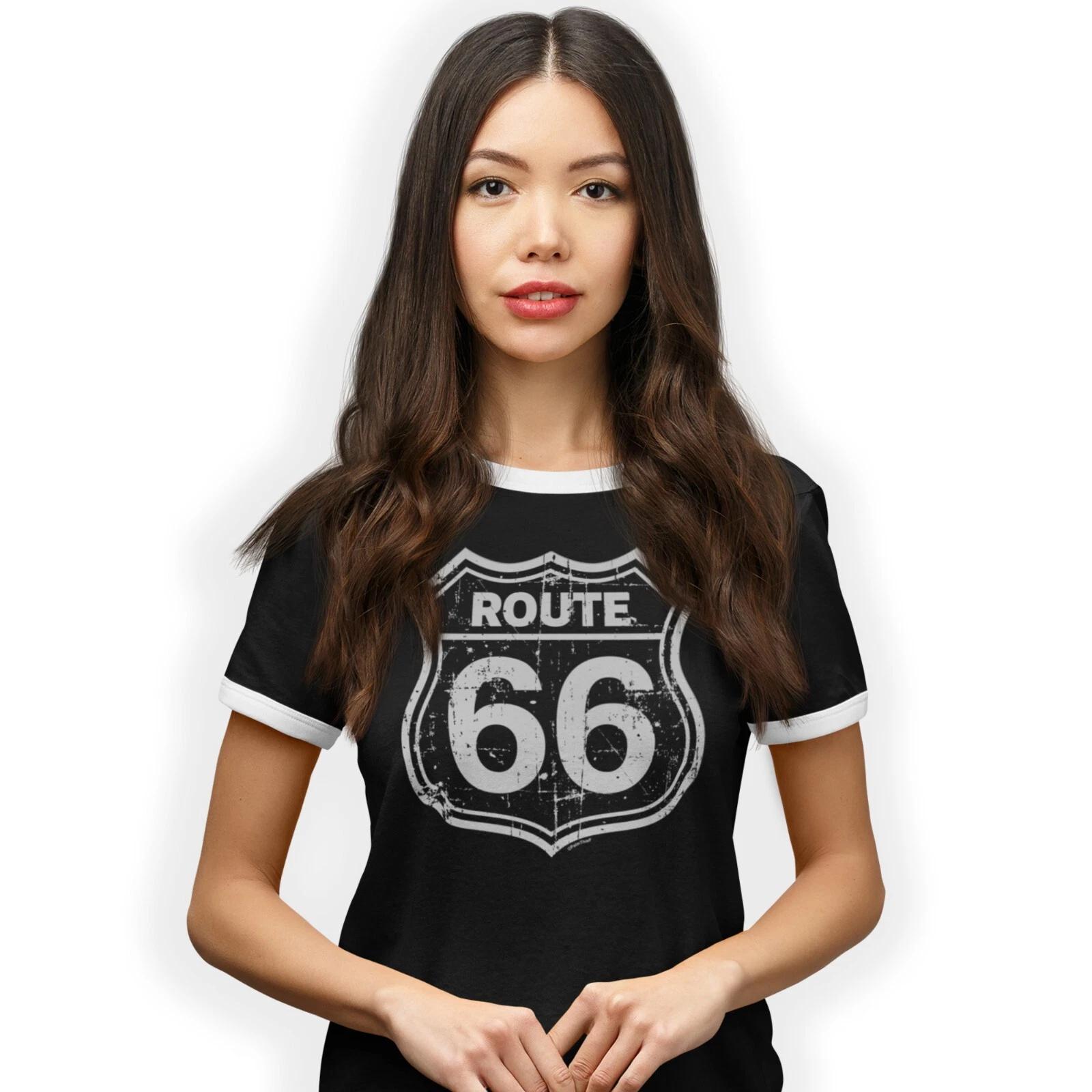 Route 66 Road Sign Retro Style Printed Ringer T-Shirt Birthday Gift S