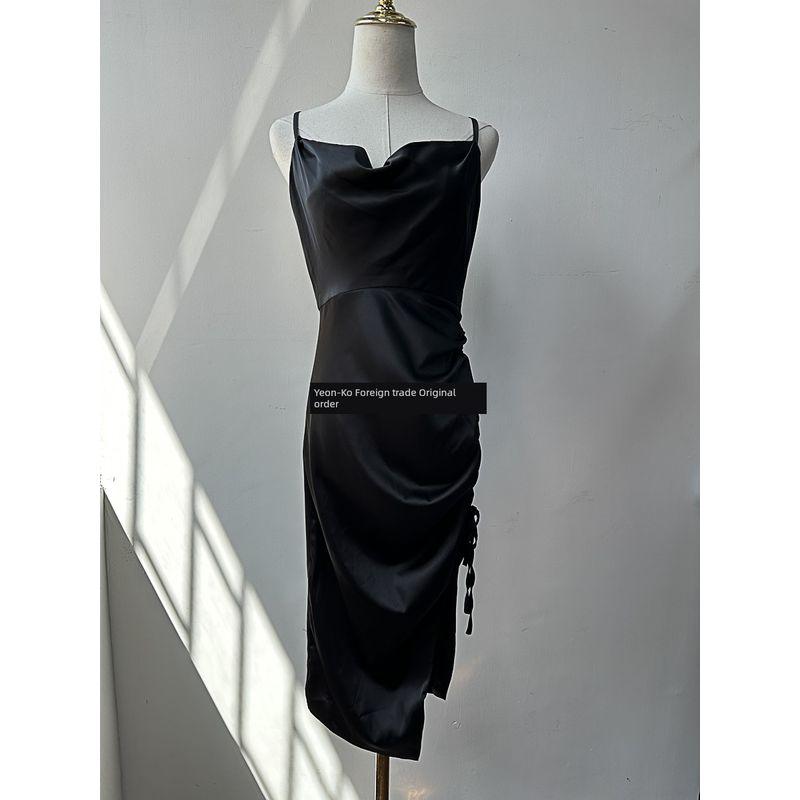 

Export Pure Original Asymmetrical Drawstring Swing Collar Open Back Elegant Classy Slip Material Satin Sling Dress Women Black Swing Neck Dress S