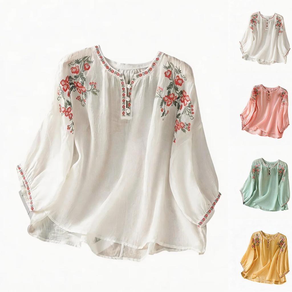 Damen Lässiges Mode Pullover Kurzarm Rundhals Besticktes Hemd Top