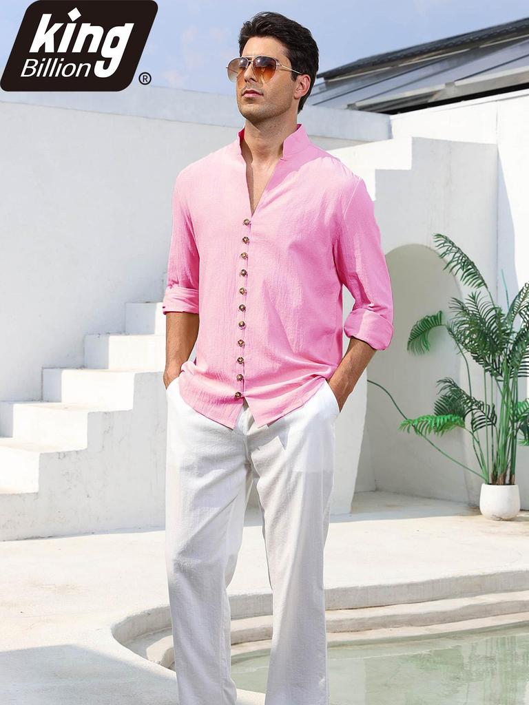 Men's Linen Cotton Blend Long Sleeve Shirt - Stylish Single Breasted Henley Neck Casual Tops for Daily Wear