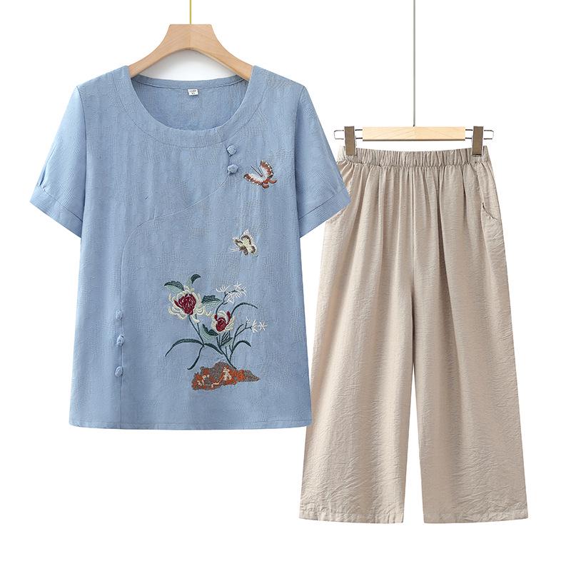

2026 Summer Short Sleeve Set for Middle-aged and Elderly Moms - Printed T-shirt 5XL (145-160 jin) синий