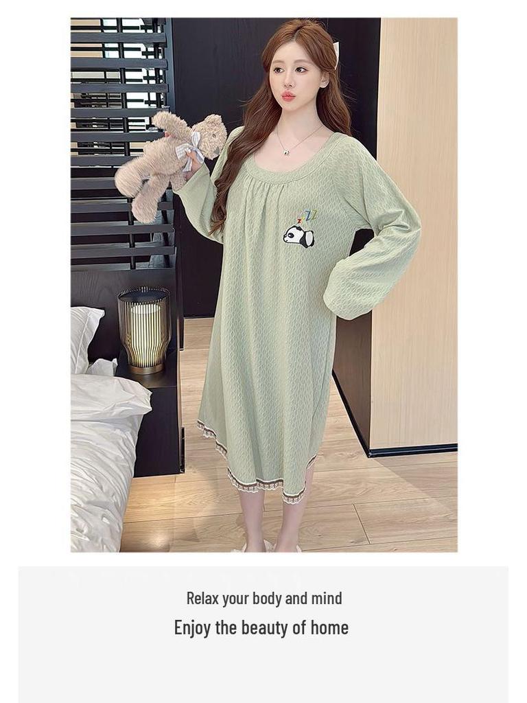Jacquard Sweet Princess Long Sleeve Mid-Length Lazy Sleepdress, Plus Size, Spring & Autumn