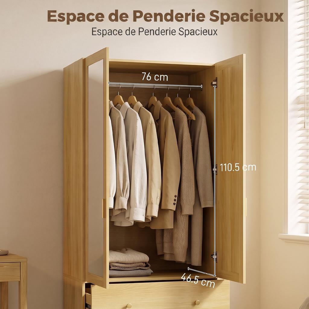Bedroom Wardrobe with Mirror, 2 Doors, 2 Drawers, Hanging Rail, 80 x 50 x 180 cm, Oak