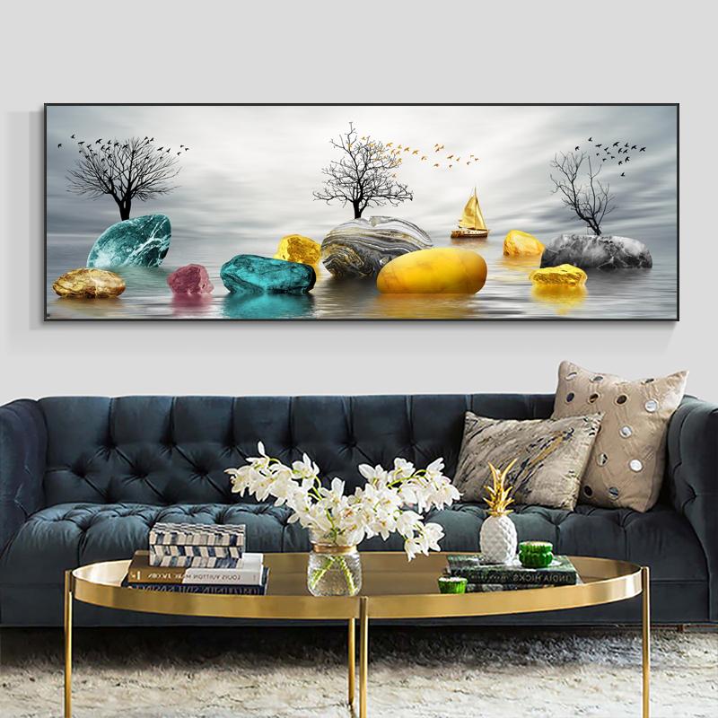 Abstract Golden Lucky Stone Posters and Prints Modern Canvas Painting Wall Art Pictures for Living Room Deer Home Decor No Frame