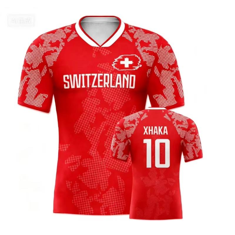 Switzerland Football Jersey V-Neck Swiss Cross Flag Print Quick Dry Soccer Shirt for Women Kids