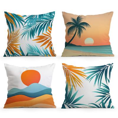 4pcsTropical Palm Leaf Beach Scenery Cushions Pillowcase Polyester Cushion Cover Throw Pillow Pillowcover Home Car Sofa Decor