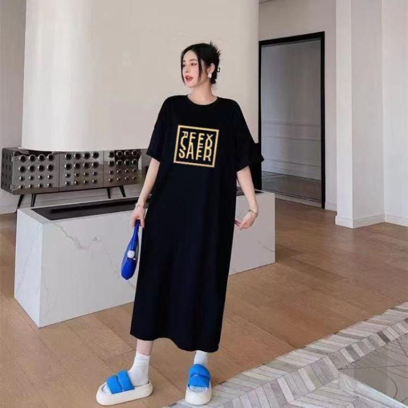 

Женская летняя свободная футболка средней длины с платьем с разрезом 4XL чёрный