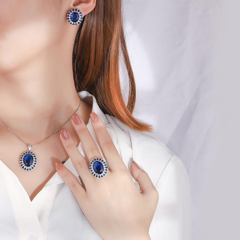 Jewelry Popular Simulation Blue Glass Denier Pendant Ring Three-Piece Set Main Stone 12 * 16