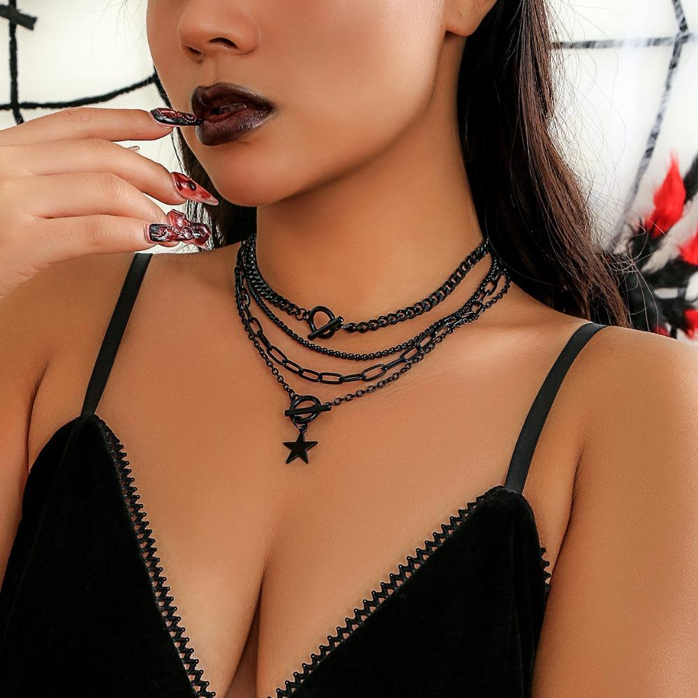 Punk Kallvind Svart Kostymkrage Gotisk 4-lagers Halsband Mode Hängsmycke Halsband Set Kvinnor