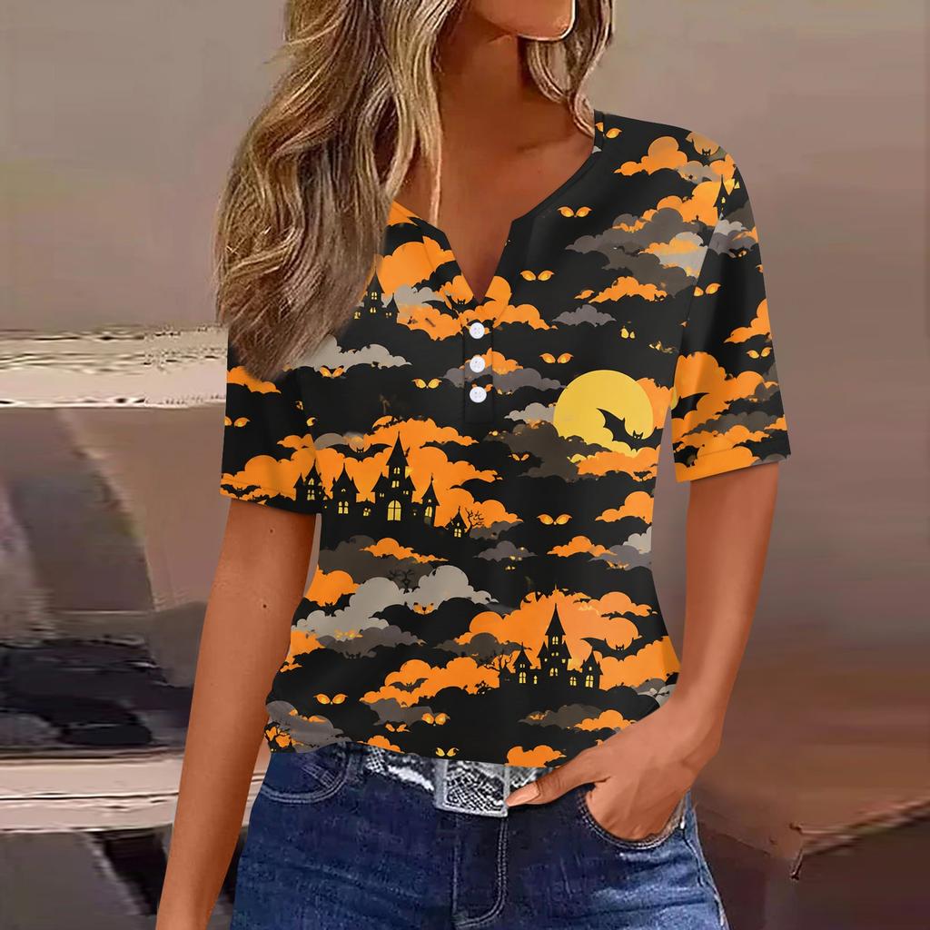 Women's Casual Halloween Print V Neck Short Sleeve Button Down T Shirt Top Lightweight Comfortable Fit