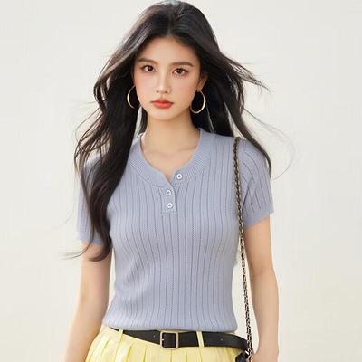 La Chapelle Women's Slim Fit Knit Round Neck Short Sleeve Top