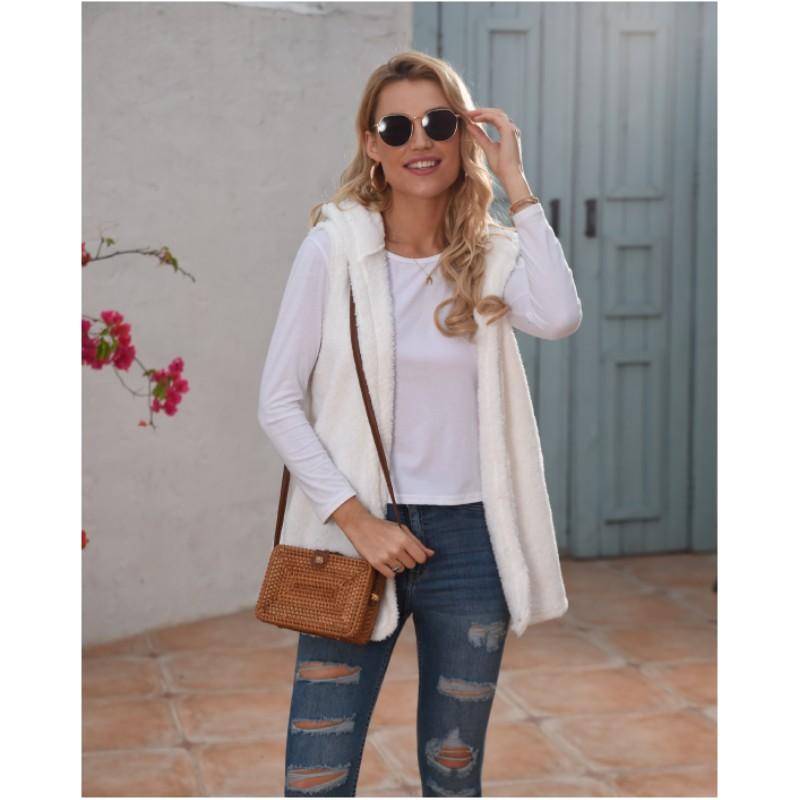 

Женская осенне-зимняя плюшевая однотонная жилетка средней длины с капюшоном, весенняя свободная повседневная удобная куртка XXS белый