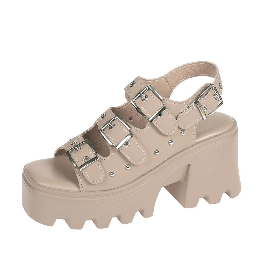 Fashion Large Size Women High Heeled Sandals Summer Punk Height Increasing Sandal Motorcycle Gothic Woman Shoes Khaki Platform Sandals