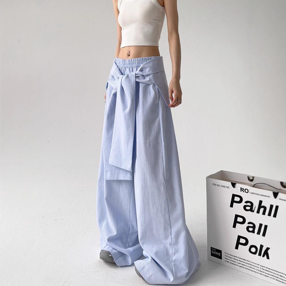 Fashionable Blue Striped High-Waisted Wide-Leg Pants with Lace-Up Waist, Perfect for Spring and Autumn, Available Now