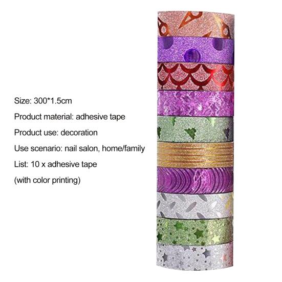 10 Rolls Glitter Washi Tapes No Trace Color Masking Tapes DIY Nail Art Stationery Scrapbooking Decoration Adhesive Tapes School Supplies