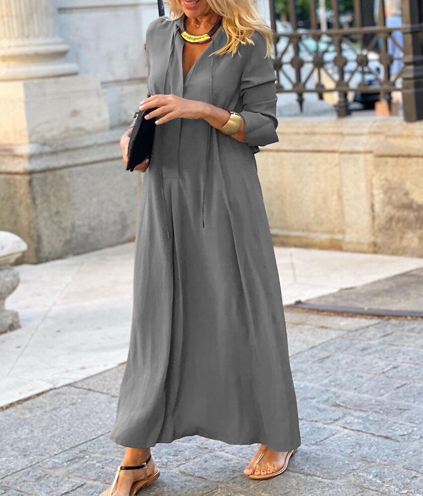 2025 European & American V-Neck Solid Color Long Sleeve Casual Dress for Autumn/Winter