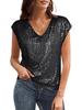 Top da festa da donna lucido con scollo a V e maniche corte a paillettes