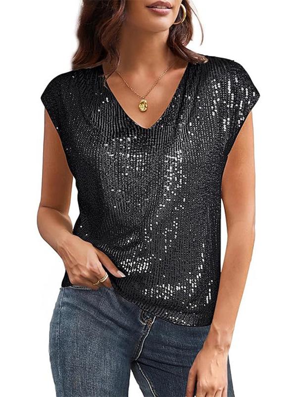 Top da festa da donna lucido con scollo a V e maniche corte a paillettes