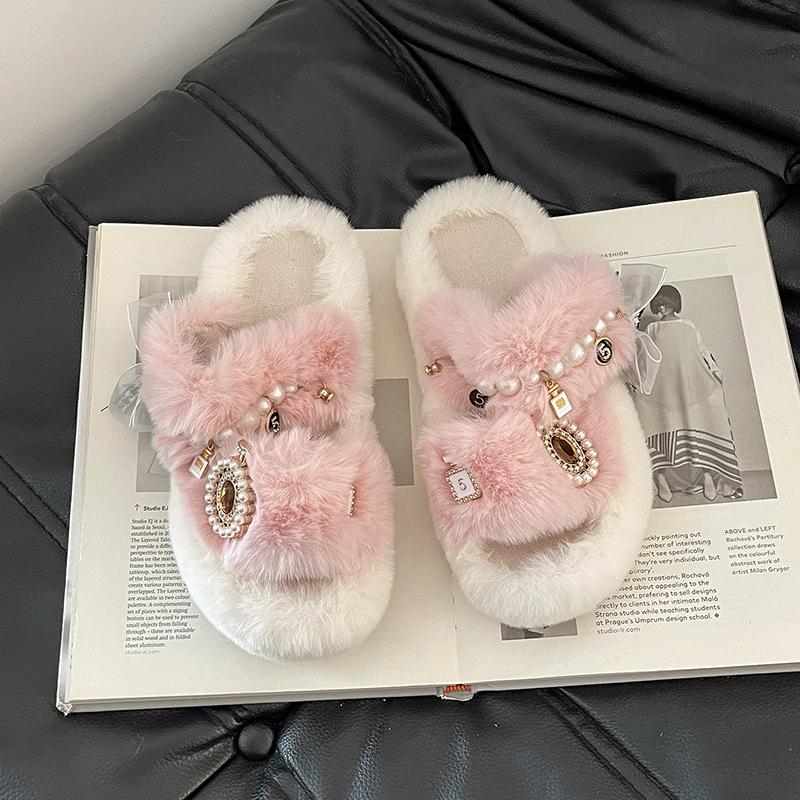 Xiaoxiangfeng outer wear girls fluffy slippers autumn and winter design sense pearl warm piled thickened one-word cotton slippers