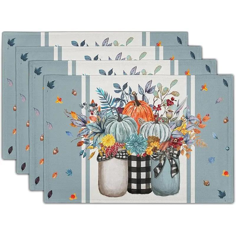 1PC Sunflower Placemats Linen Buffalo Check Plaid Autumn Leave Table Place Mat for Farmhouse Thanksgiving Kitchen Dining Decor