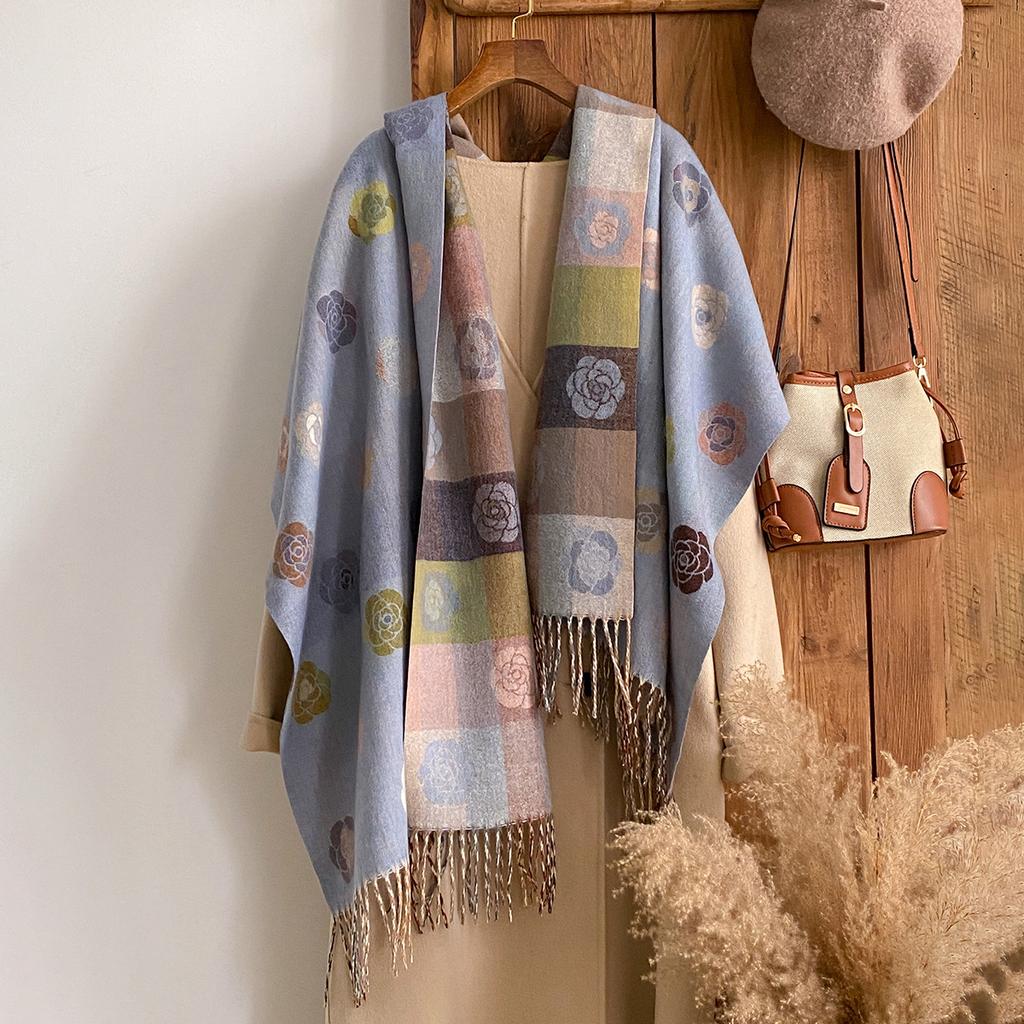 Versatile Jacquard Autumn And Winter Rose Splicing Double-Sided Imitation Cashmere Scarf Winter Warm Shawl Women