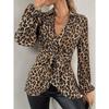 Leopard Print Tie V Neck Elegant Long Sleeve Shirt Slim Casual Pullover Top