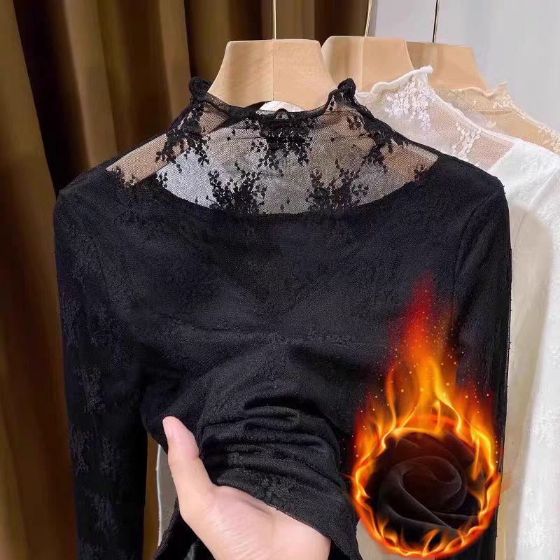 Women's Fleece-Lined Lace Half-High Collar Long Sleeve Base Layer - Stylish and Warm Autumn/Winter Mesh Top
