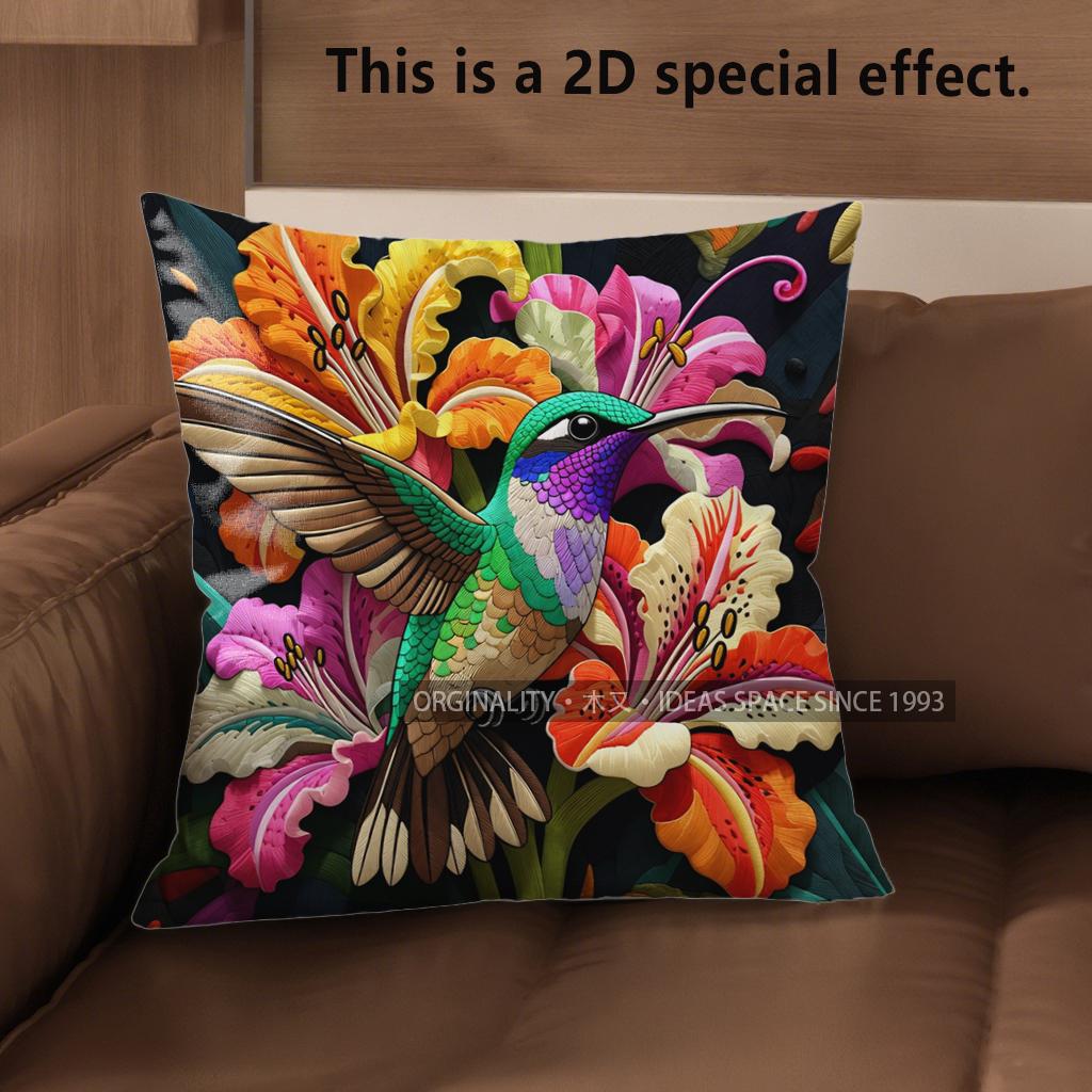 2D Bohemian Hummingbird Floral Throw Pillow Covers Pattern Cushion Cover Suitable For Sofa Bedroom Car Pillow Cover