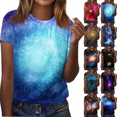 Damenmode Lässiges T-Shirt mit Rundhalsausschnitt und Galaxie-Aufdruck, kurzärmelig