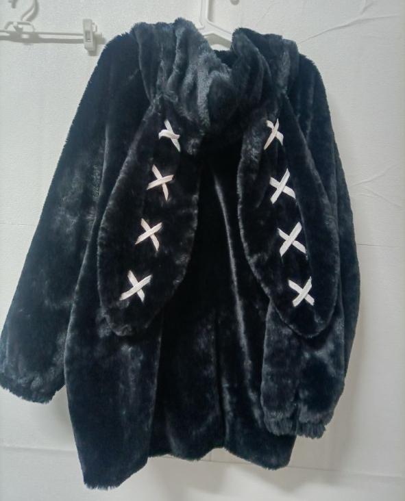 2025 Winter Clothing Women's Jackets Harajuku Rabbit Ears Punk Black Coats Thicked Furry Zipper Oversized Y2k Tops Ropa Mujer