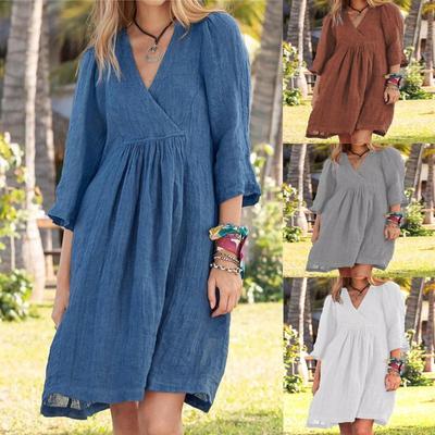 Robe d'été grande taille en coton et lin pour femmes, couleur unie, ample, élégante, mi-longue, décontractée, pour les fêtes, la plage