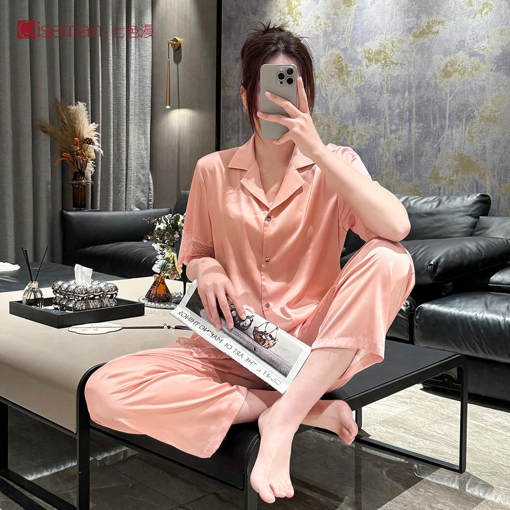 Simple short-sleeve pajama set for women, cool thin women's loungewear, high-end ice silk pajamas for women